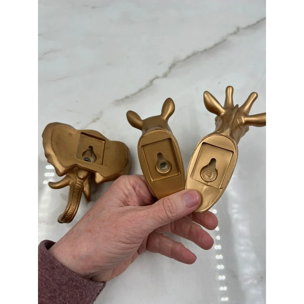 Safari Animal Wall Hooks Set of 3 Gold Plastic Elephant Rhino Giraffe Decor